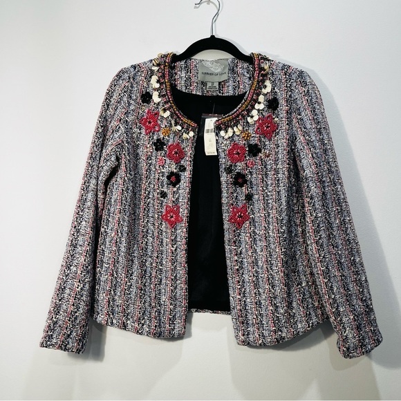 NEW Anthropologie Summer Love Suzy Embellished Beaded Pink Tweed Blazer Jacket - Picture 6 of 11